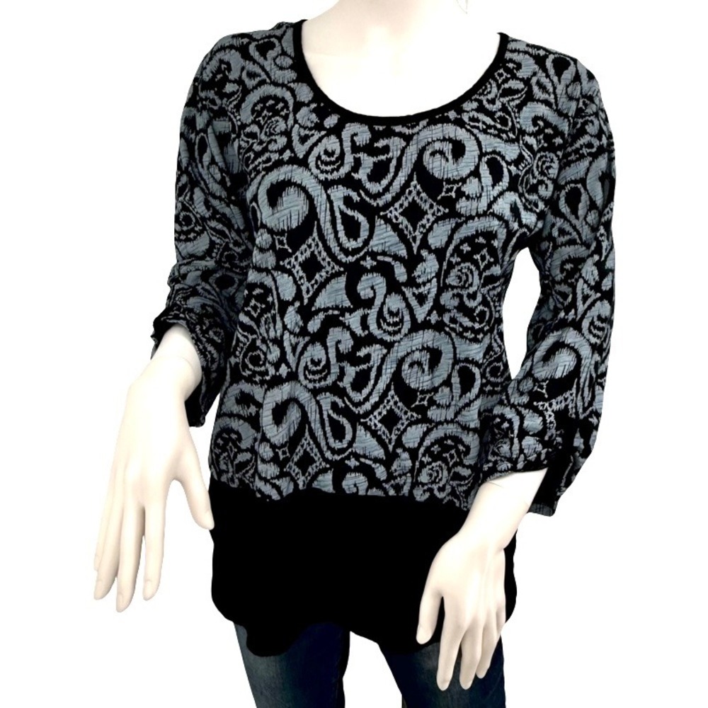 FRESH PRODUCE Large Tunic Top Black Blue Mixed Media Patterned Button Back Boho‎